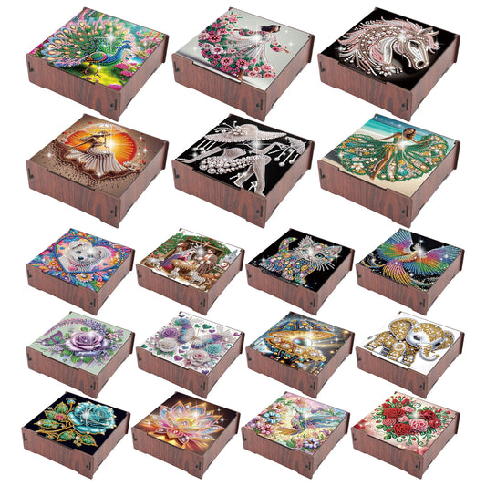 5D DIY Animal Girl Theme 4 Slots Diamond Painting Kit, Wooden Storage Box Diamond Art Jewelry Case, Storage Organizer