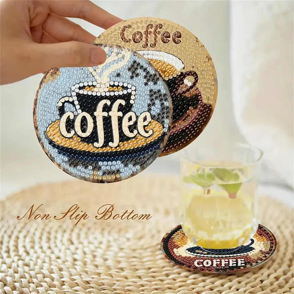 DIY 8 pcs / Set Of Coffee Patterned Diamond Painted Coaster Set, Sparkling Rhinestone Heat-Resistant Beverage Mat With Holder DIY