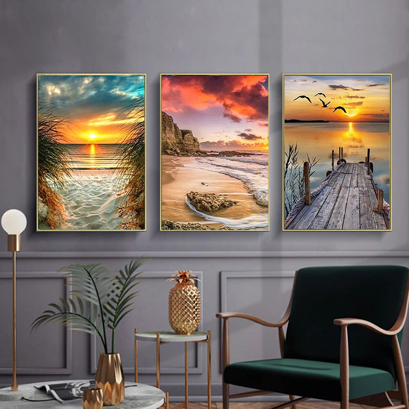 5D DIY Diamond Painting Waterfall Beach Full Circle Diamond Mosaic Sunset Scenery Diamond Embroidery Home Decor Gift