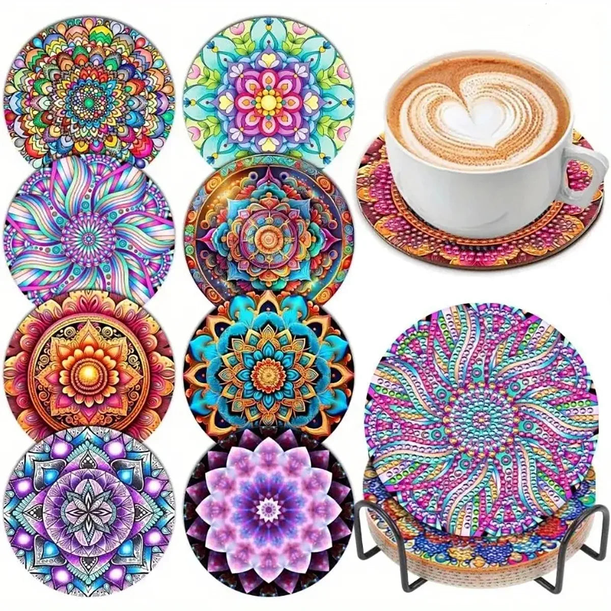 8 Pieces Of Diamond Art Painting Coasters With Brackets, DIY Partial Special Shapes