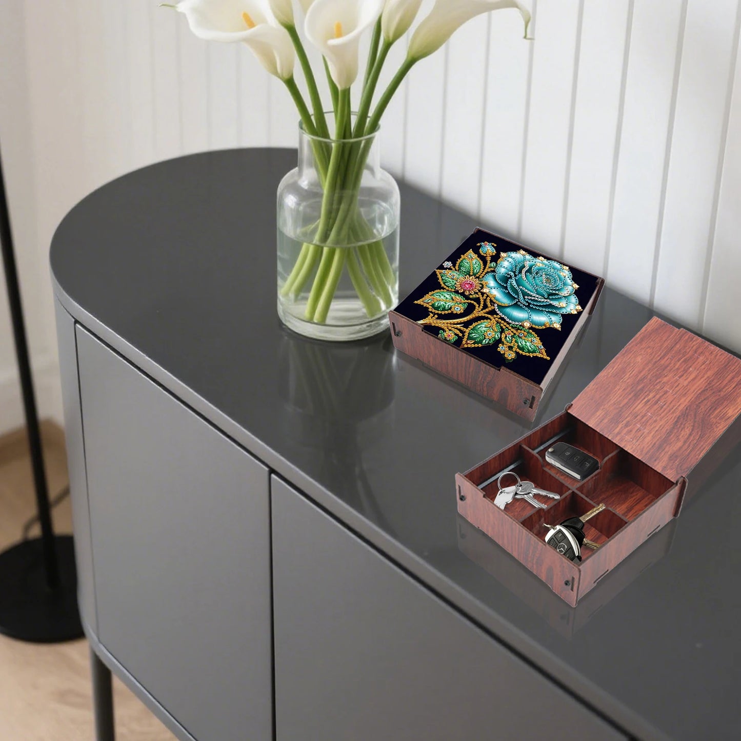 5D DIY Animal Girl Theme 4 Slots Diamond Painting Kit, Wooden Storage Box Diamond Art Jewelry Case, Storage Organizer