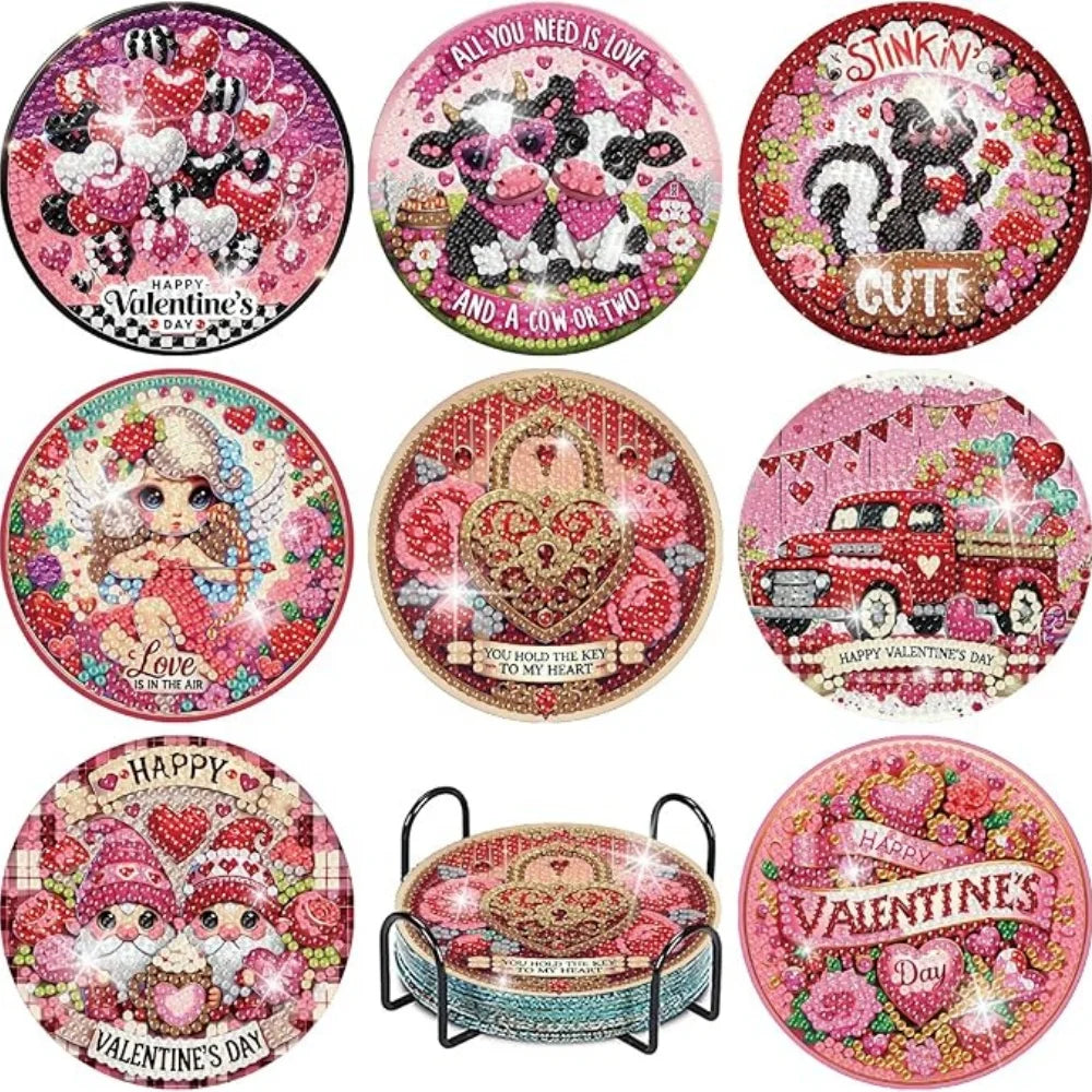 8-Piece / Set Diamond Art Painting Cup Mat With Stand, DIY Coffee Cat Pattern Diamond Art Cup Coasters