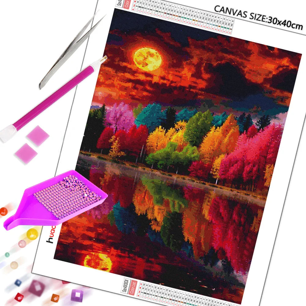 Huacan Full Square / Round Drill DIY Diamond Painting Sunset Moon River