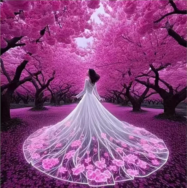 Diy Diamond Painting Sakura Beauty Woman Wearing Long Skirt Lily Flowers 5D Full Square / Round Drill