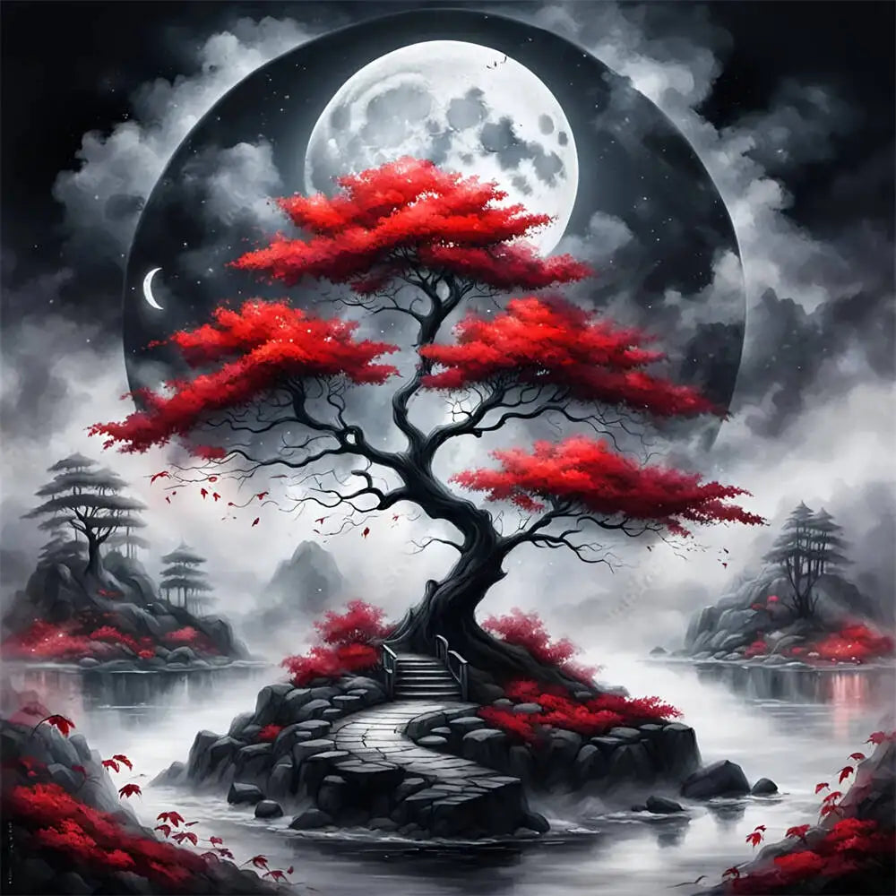 Momoart 5D Diamond Tree Mosaic Landscape, DIY Diamond Painting Moon River Full Square / Round Drill