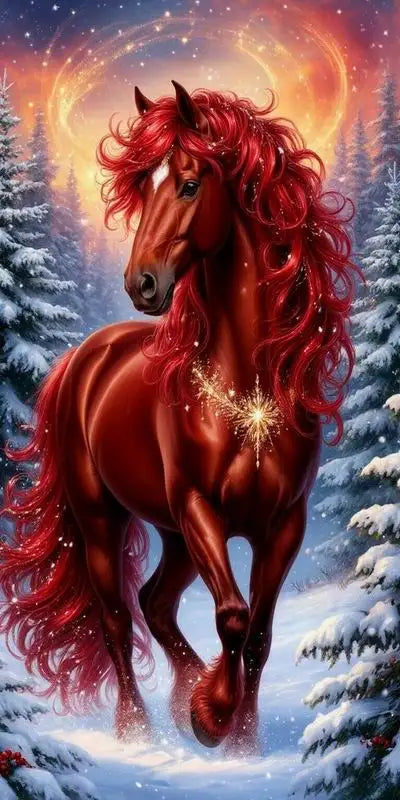 Fullcang Red Horse Large Size DIY Diamond Painting Winter Scenery Snow Full Square / Round Drill