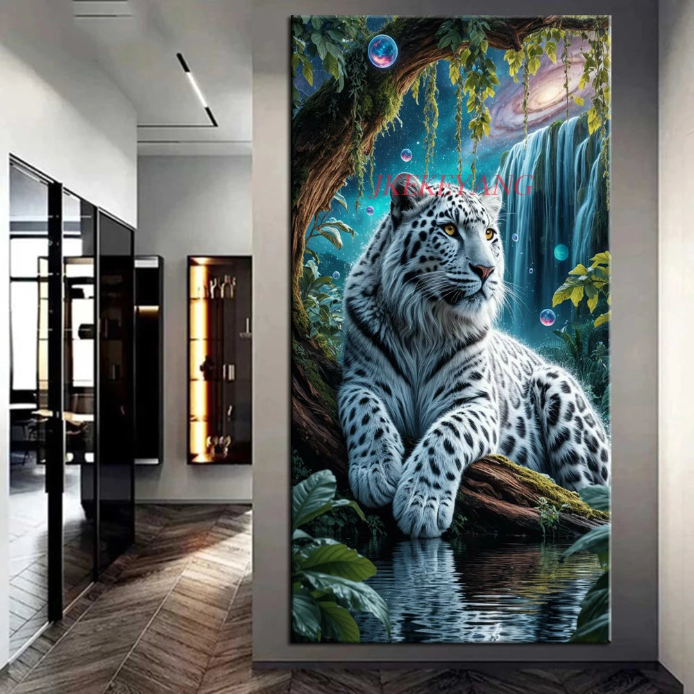 Beautiful White Tiger, Waterfall DIY Diamond Painting Full Square / Round Drill