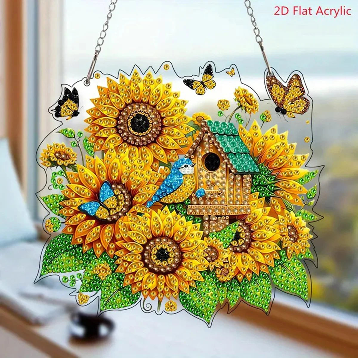 2D Flat, Vibrant Sunflower, Butterfly And Birdhouse Diamond Art Set - Unique Shaped Acrylic Gemstone Decoration
