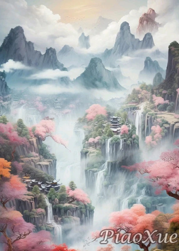 Chinese Style Landscape Picture Diamond Painting New Mountain Waterfall Scenery, Diamond Painting Mosaic DIY Cross Home Decor