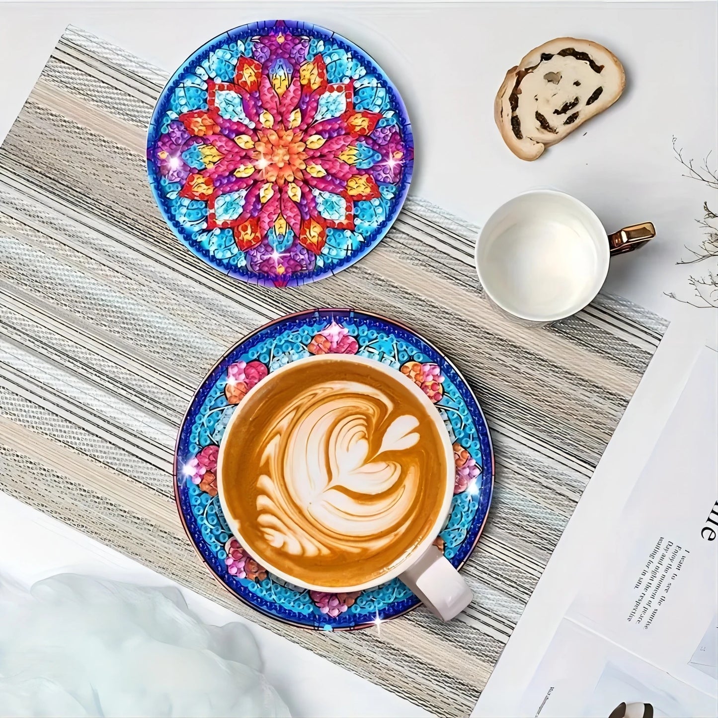 8-PCS Set With Bracket DIY Diamond Painting Set, Creative Floral Themed Coaster Set, Sparkling Diamond Art Wooden Mosaic Craft Set