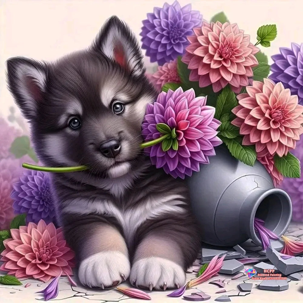 Diamond Painting Kit Square / Round Diamond 5D DIY Collage Of Cute Puppies With Flowers & Decorative Elements