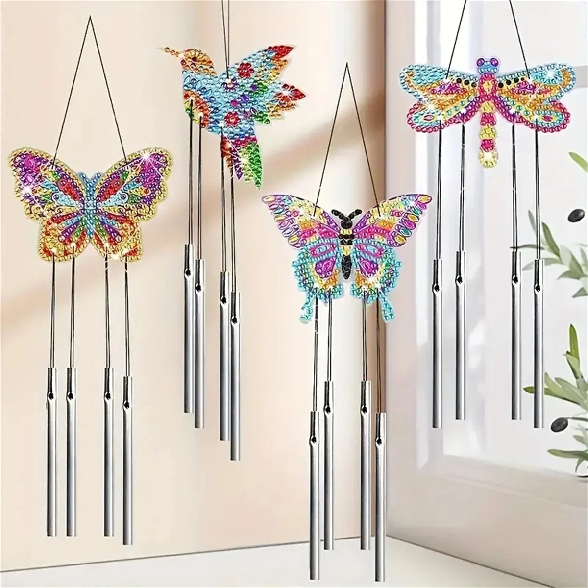 4 Pieces/ Set Acrylic Double-Sided Diamond Painting Insect Modeling DIY Wind Chimes Crafts, Garden Doors And Windows Decoration