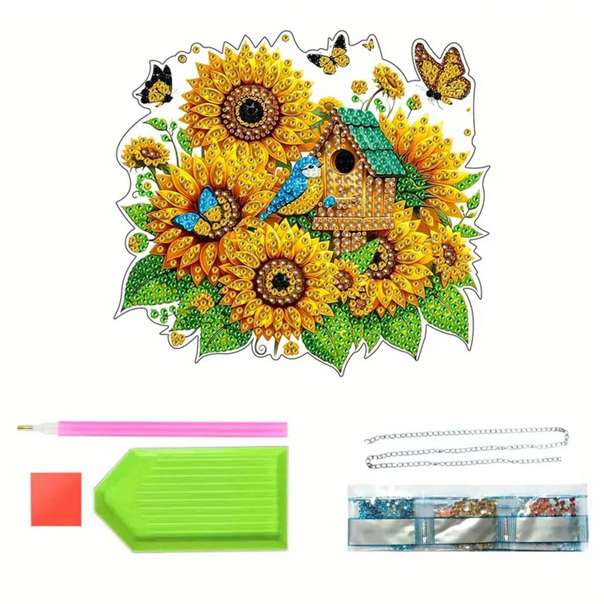 2D Flat, Vibrant Sunflower, Butterfly And Birdhouse Diamond Art Set - Unique Shaped Acrylic Gemstone Decoration