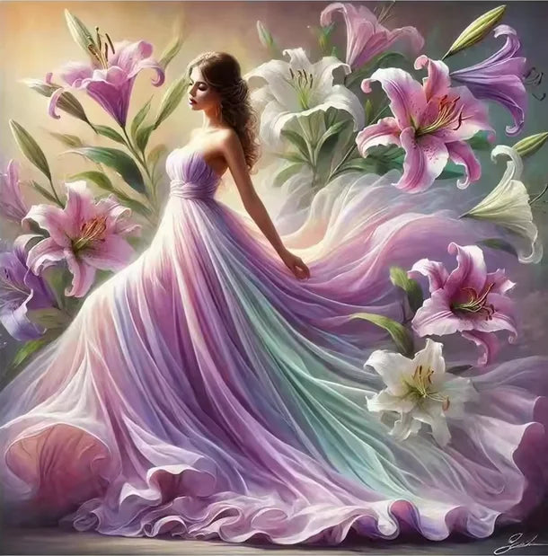 Diy Diamond Painting Sakura Beauty Woman Wearing Long Skirt Lily Flowers 5D Full Square / Round Drill