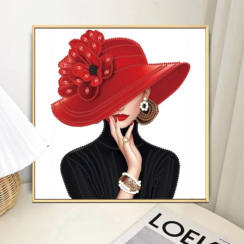 5D DIY Partial Special Shaped Drill Diamond Painting Kit, Girl In Hat Decoration 30x30cm
