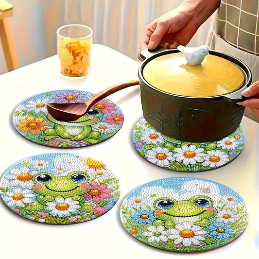 4-Piece Frog Patterned Wooden Diamond Dining Mat Set, DIY Crystal Diamond Art Insulated Table Mat Round Drill