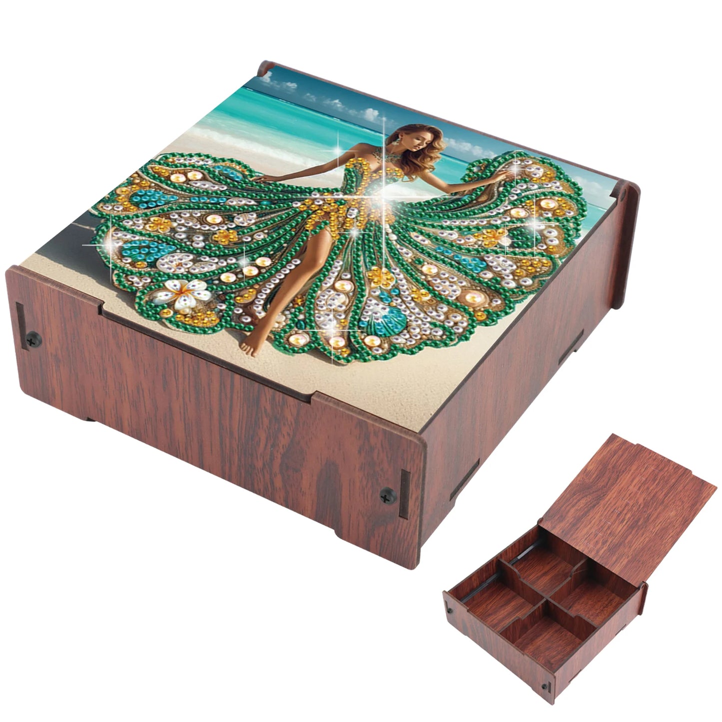 5D DIY Animal Girl Theme 4 Slots Diamond Painting Kit, Wooden Storage Box Diamond Art Jewelry Case, Storage Organizer