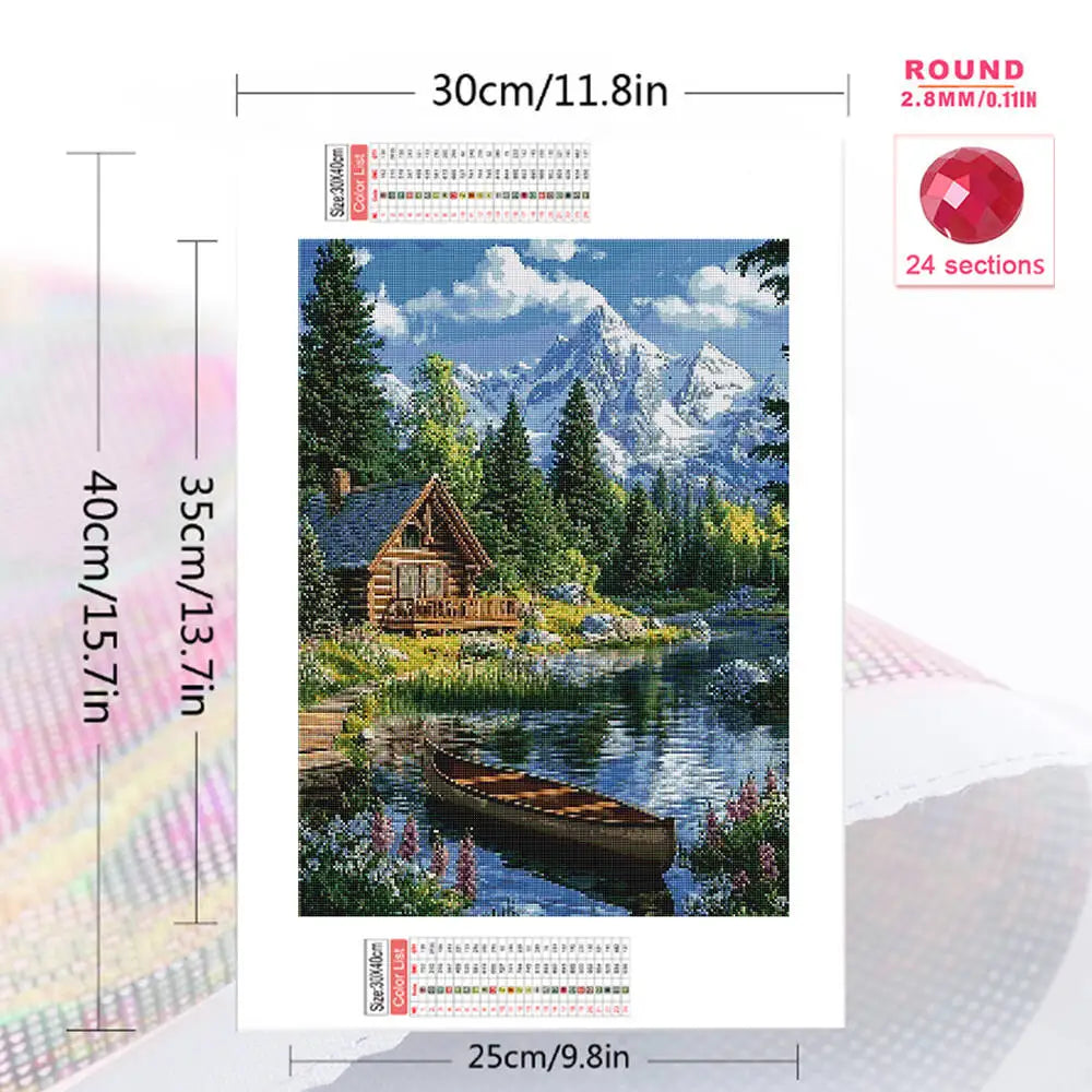 Momoart Diamond Painting Boat, Mountain House, Landscape DIY Full Square / Round Drill