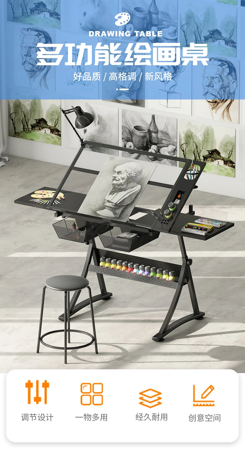 lmm Art Drawing Table Glass Adjustable Height Drawing Drafting Designer Desk