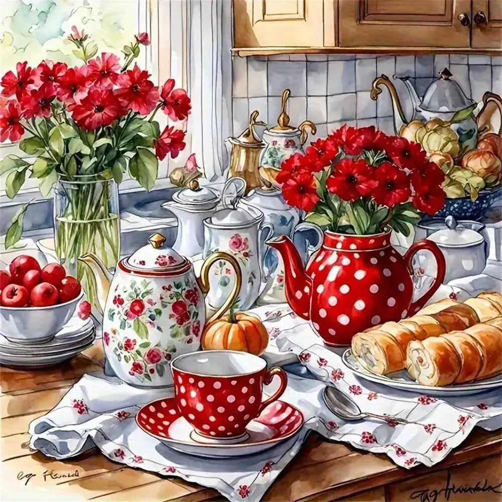 Huacan Kitchen Landscape Teapot With Flowers, DIY Diamond Painting 5D Full Square / Round Drill