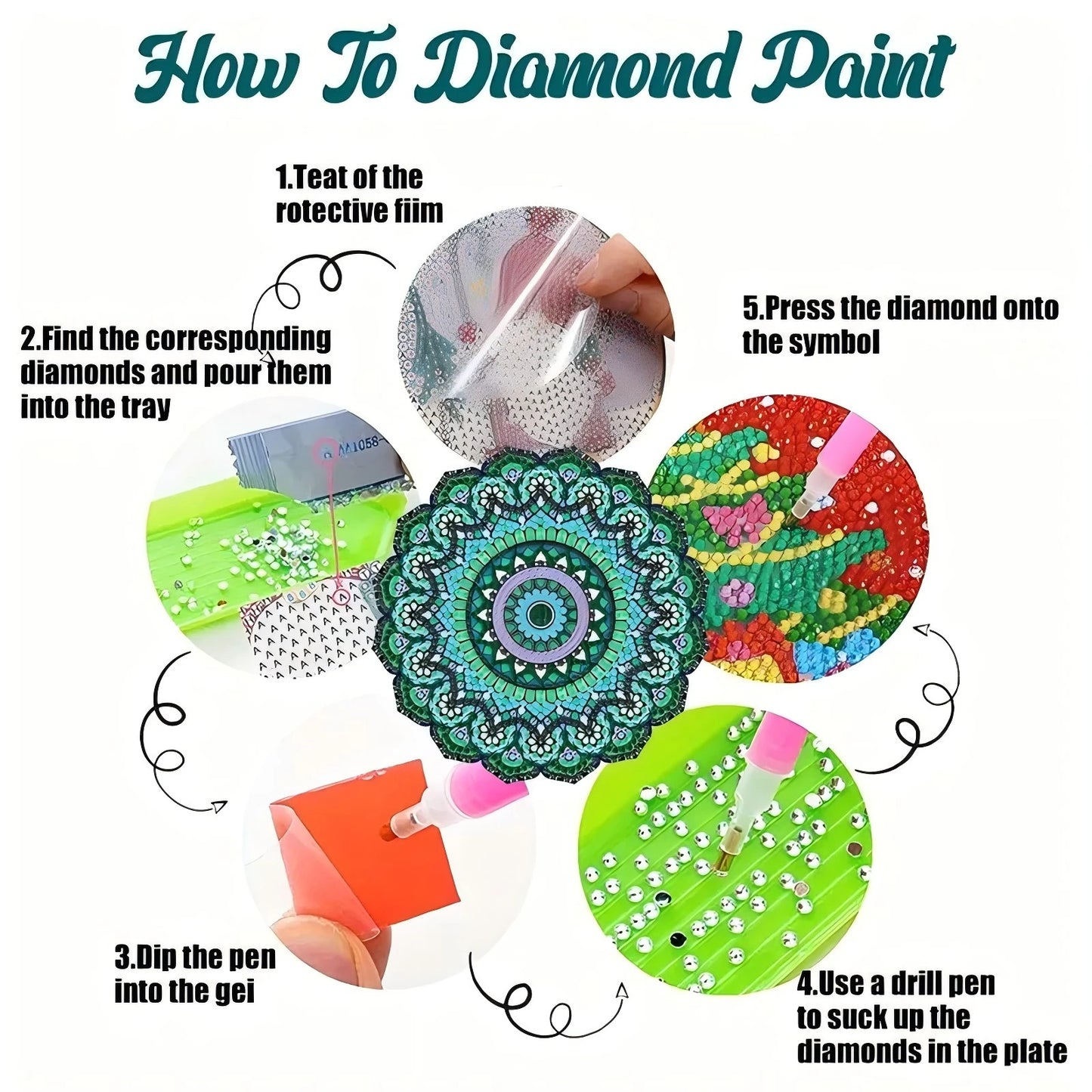 4-Piece Colorful Pattern Wooden Diamond Painted Placemat Set, DIY Crystal Diamond Art Insulated Table Mat