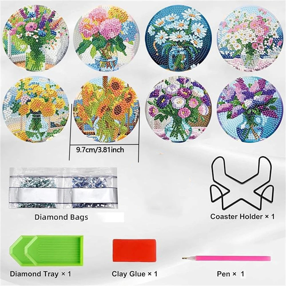 8-Piece Set of DIY Diamond Painting Coasters (With Holder)