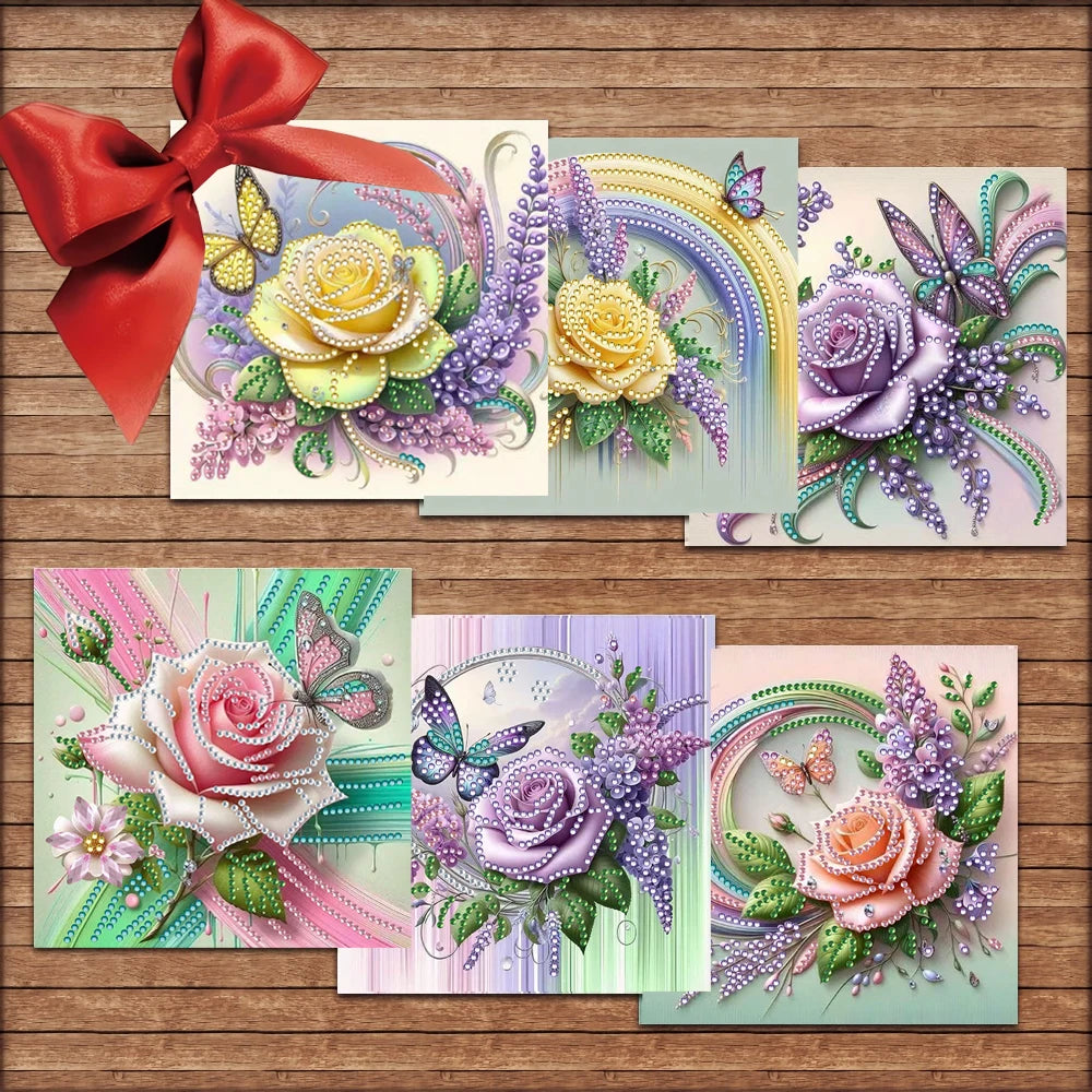 6-piece Butterfly Flower Diamond Art Card Set - DIY Diamond Painting Card, Suitable for All Occasions