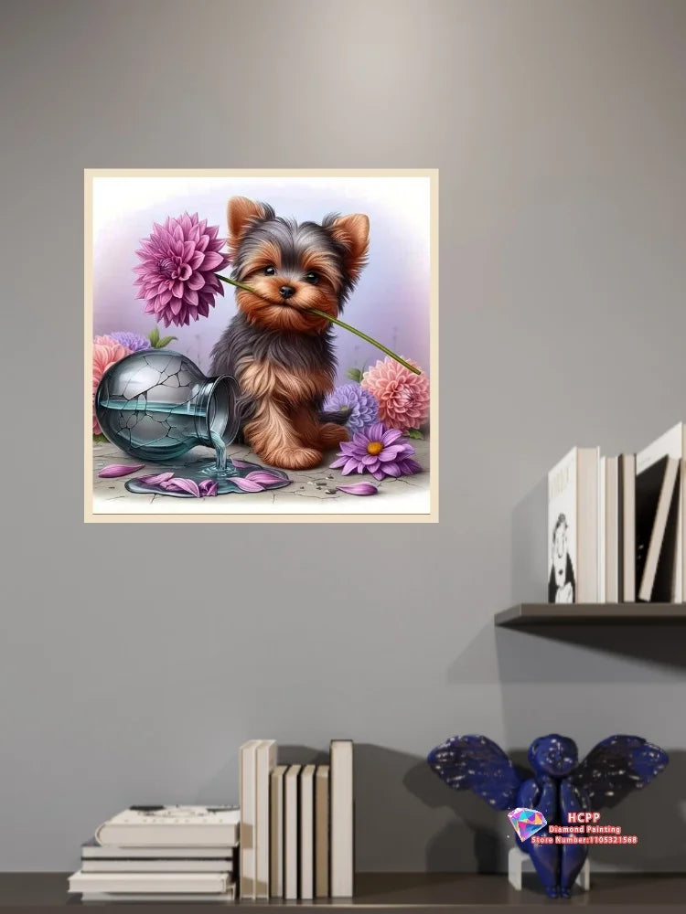 Diamond Painting Kit Square / Round Diamond 5D DIY Collage Of Cute Puppies With Flowers & Decorative Elements