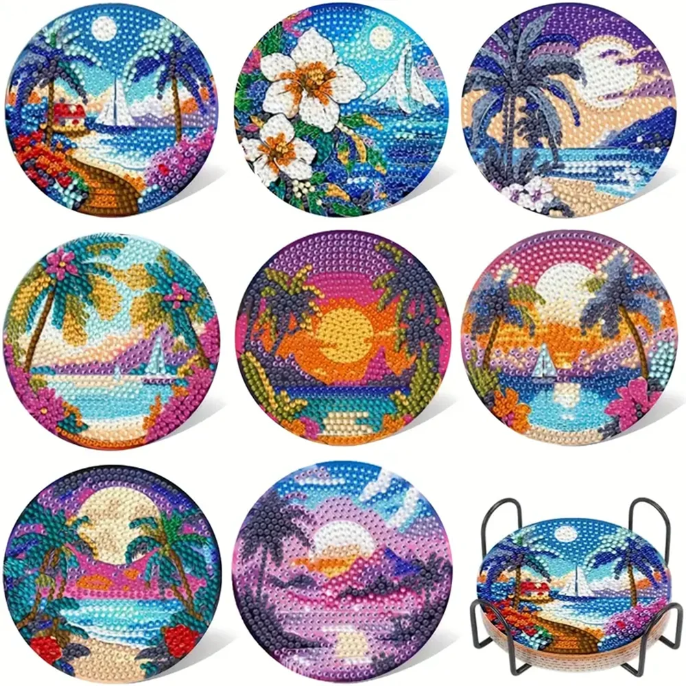 8-Piece Round Diamond Painting Coaster Set - DIY Van Gogh Star Moonlit Creative Coaster With Bracket, Sparkling Diamond Art