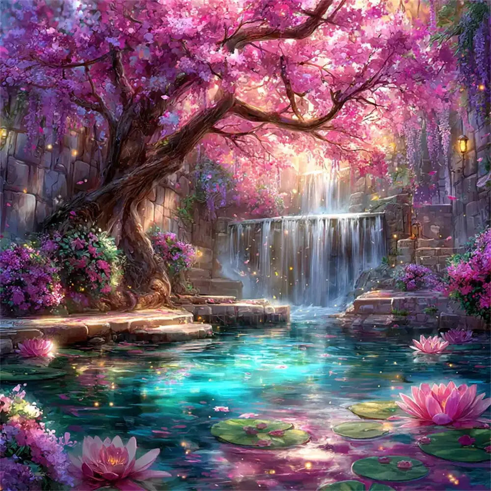 Momoart Tree Diamond Waterfall Landscape Lotus Flower Painting Full Square/Round Drill