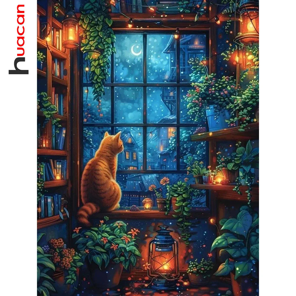 Huacan DIY Diamond Painting Cat In The Window Full Square / Round Drill