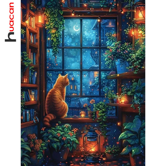 Huacan DIY Diamond Painting Cat In The Window Full Square / Round Drill
