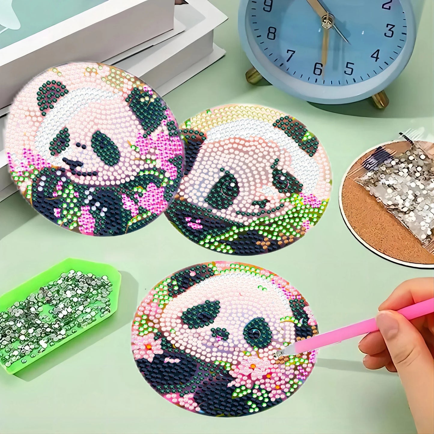 8-PCS Set With Bracket DIY Diamond Painting Set, Animal Themed Coaster Set, Sparkling Diamond Art Wooden Mosaic Craft Set