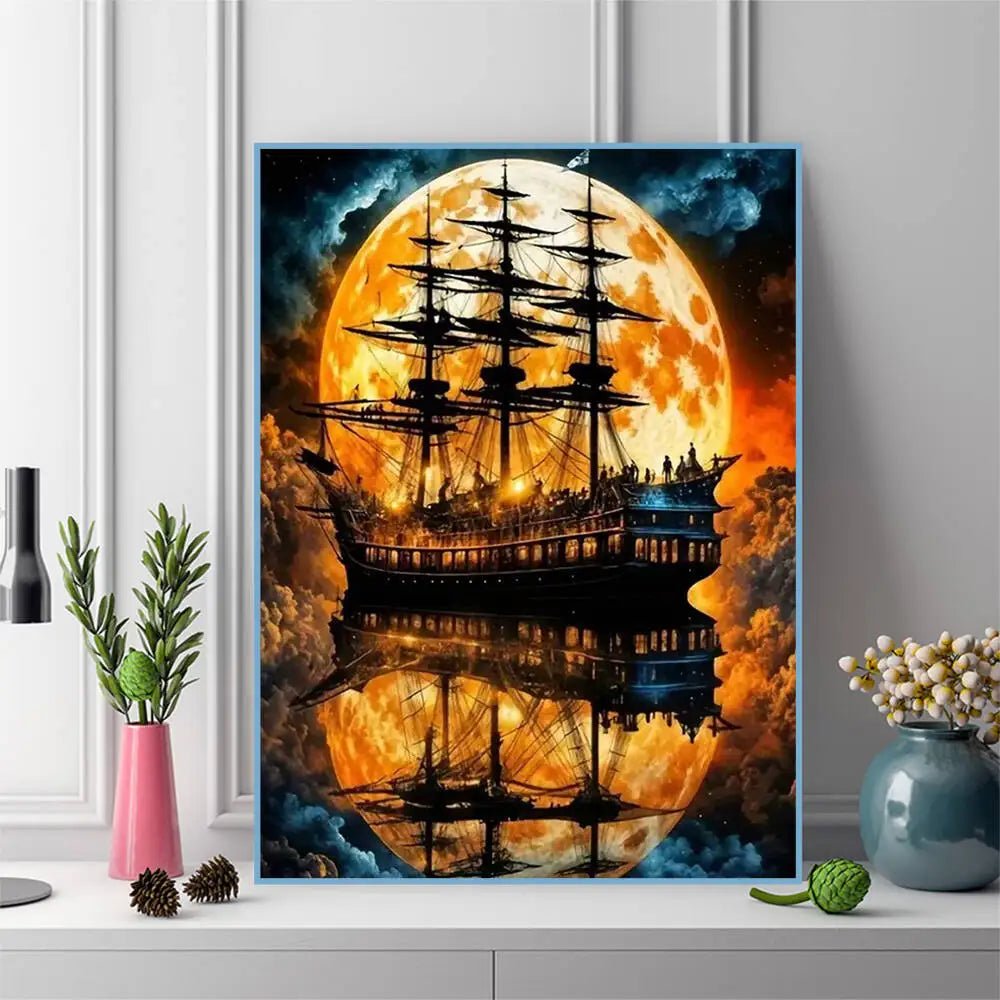 Evershine 5D DIY Diamond Ship Landscape, Moon Picture Full Square / Round Drills