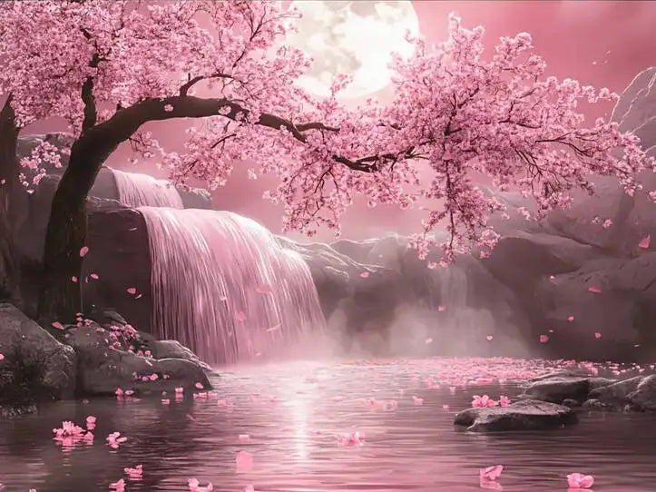 Huacan Cherry Blossom Diamond Painting Waterfall, DIY Landscape Full Square / Round Drill