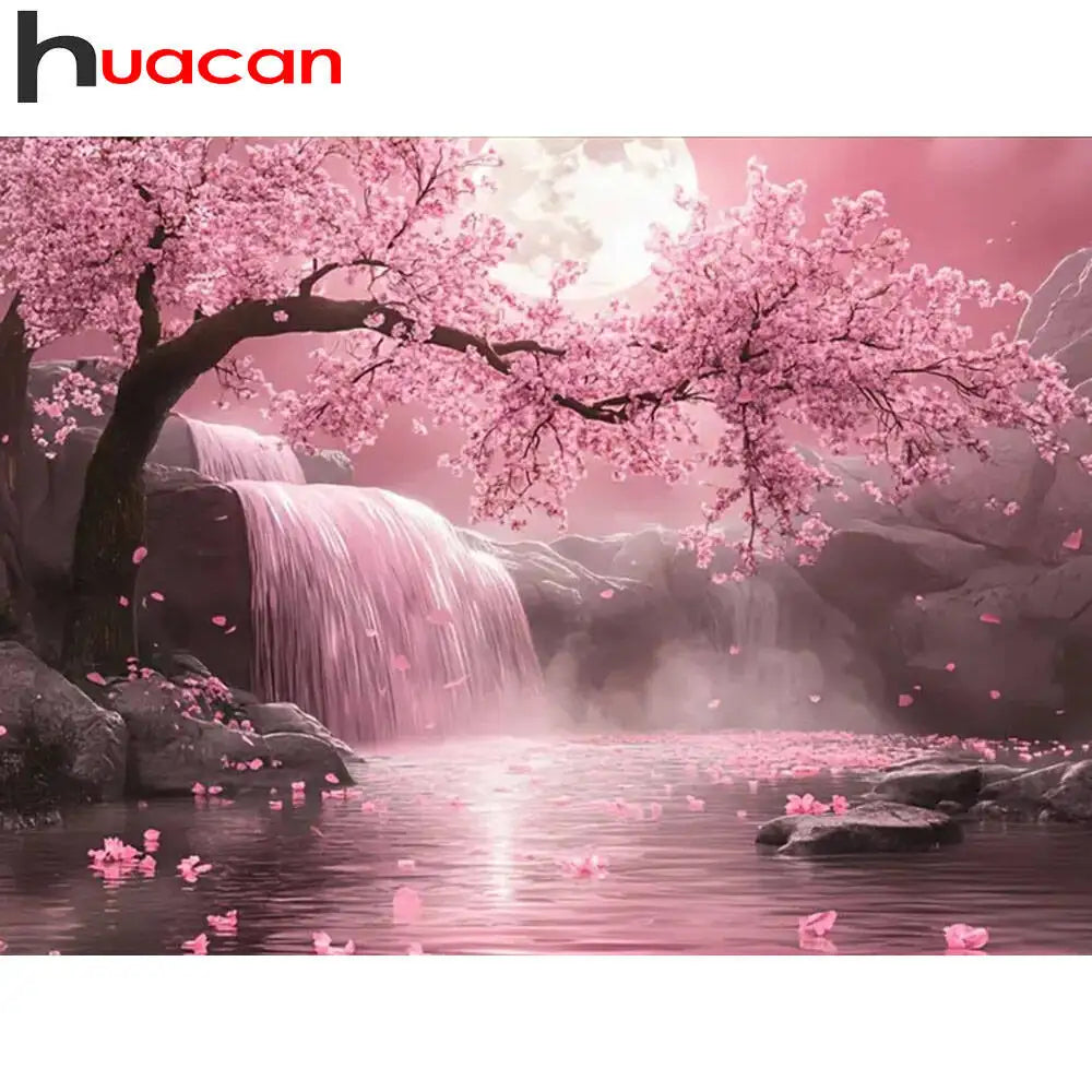 Huacan Cherry Blossom Diamond Painting Waterfall, DIY Landscape Full Square / Round Drill