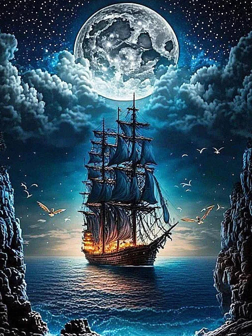 Huacan Full Diamond Ship Moon Sea Landscape DIY Full Square / Round Drill
