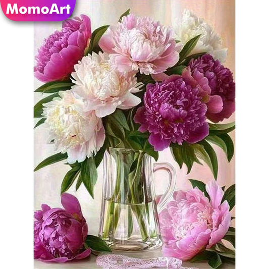 Momoart DIY Full Square / Round Diamond Painting Peony Flower Vase