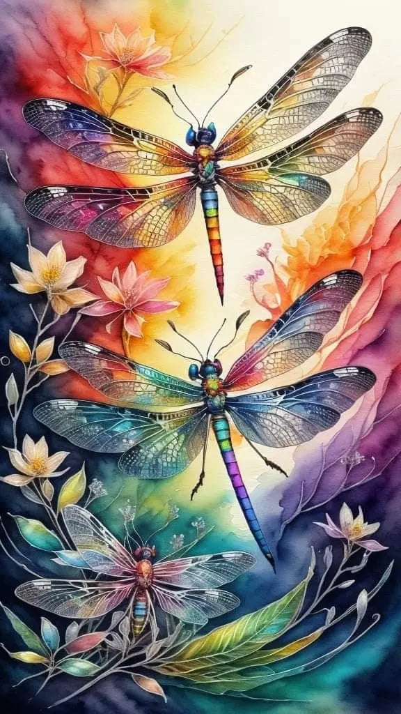 Dragonflies Flying and Flowers Full DIY Diamond Painting Square / Round Drills