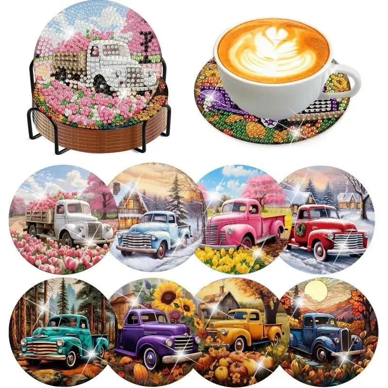 DIY 8 pcs / Set Of Coffee Patterned Diamond Painted Coaster Set, Sparkling Rhinestone Heat-Resistant Beverage Mat With Holder DIY