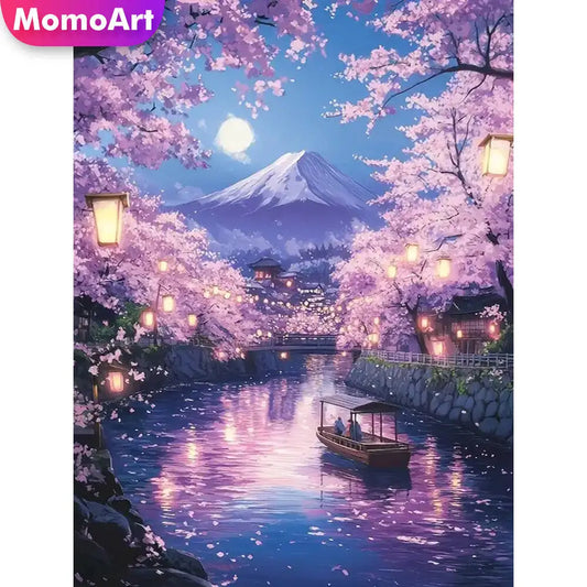 Momoart Diamond Painting Mountain Landscape Tree, River & Moon, Full Square / Round Drill