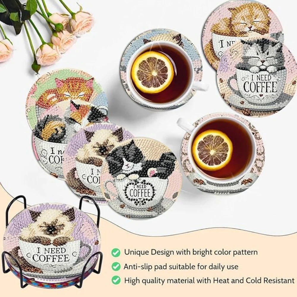 8-Piece / Set Diamond Art Painting Cup Mat With Stand, DIY Coffee Cat Pattern Diamond Art Cup Coasters