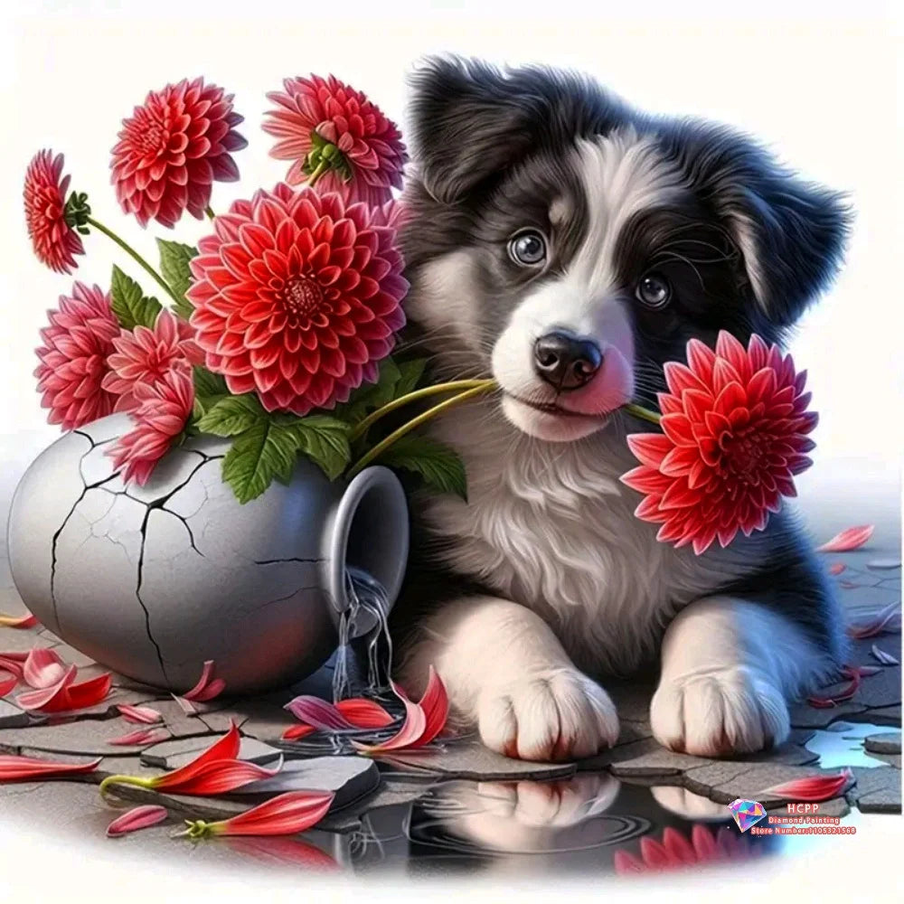 Diamond Painting Kit Square / Round Diamond 5D DIY Collage Of Cute Puppies With Flowers & Decorative Elements