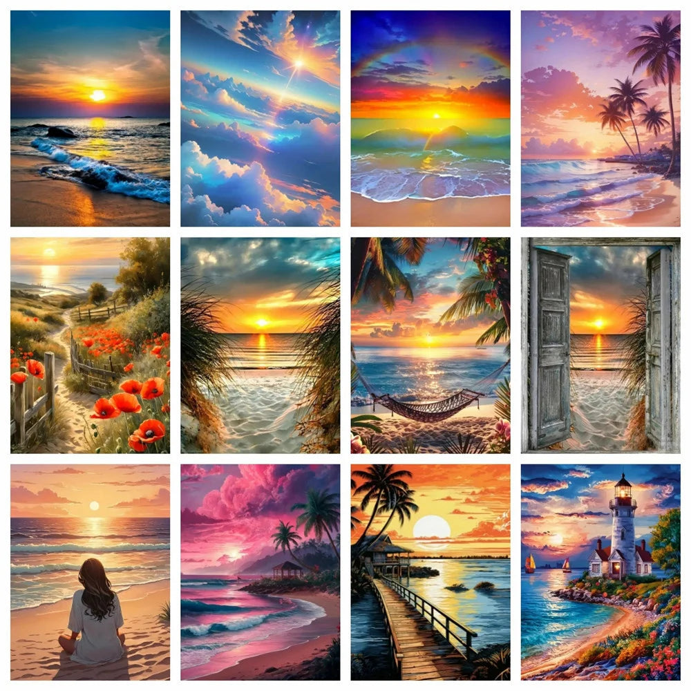 Sunset Landscape Seaside Beach Full Round Drill Rhinestones
