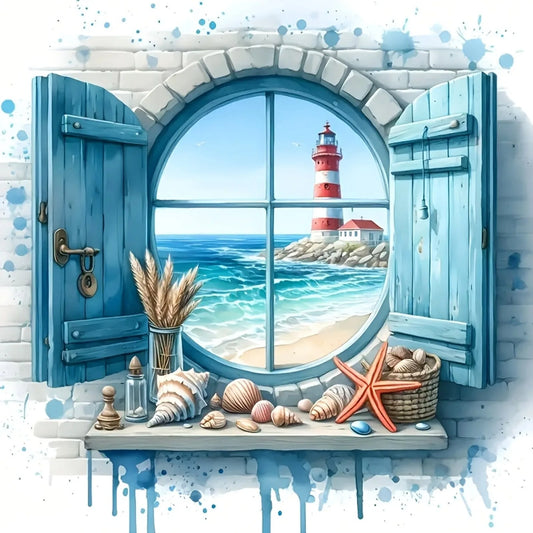 DIY Diamond Painting Kit Lighthouse Window Sea View Full Round Drill