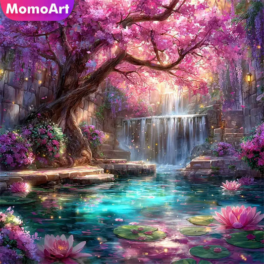 Momoart Tree Diamond Waterfall Landscape Lotus Flower Painting Full Square/Round Drill