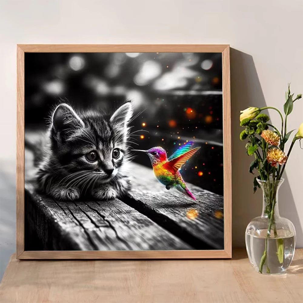 Cat and Hummingbird Diamond Mosaic DIY Painting Full Square or Round Diamond