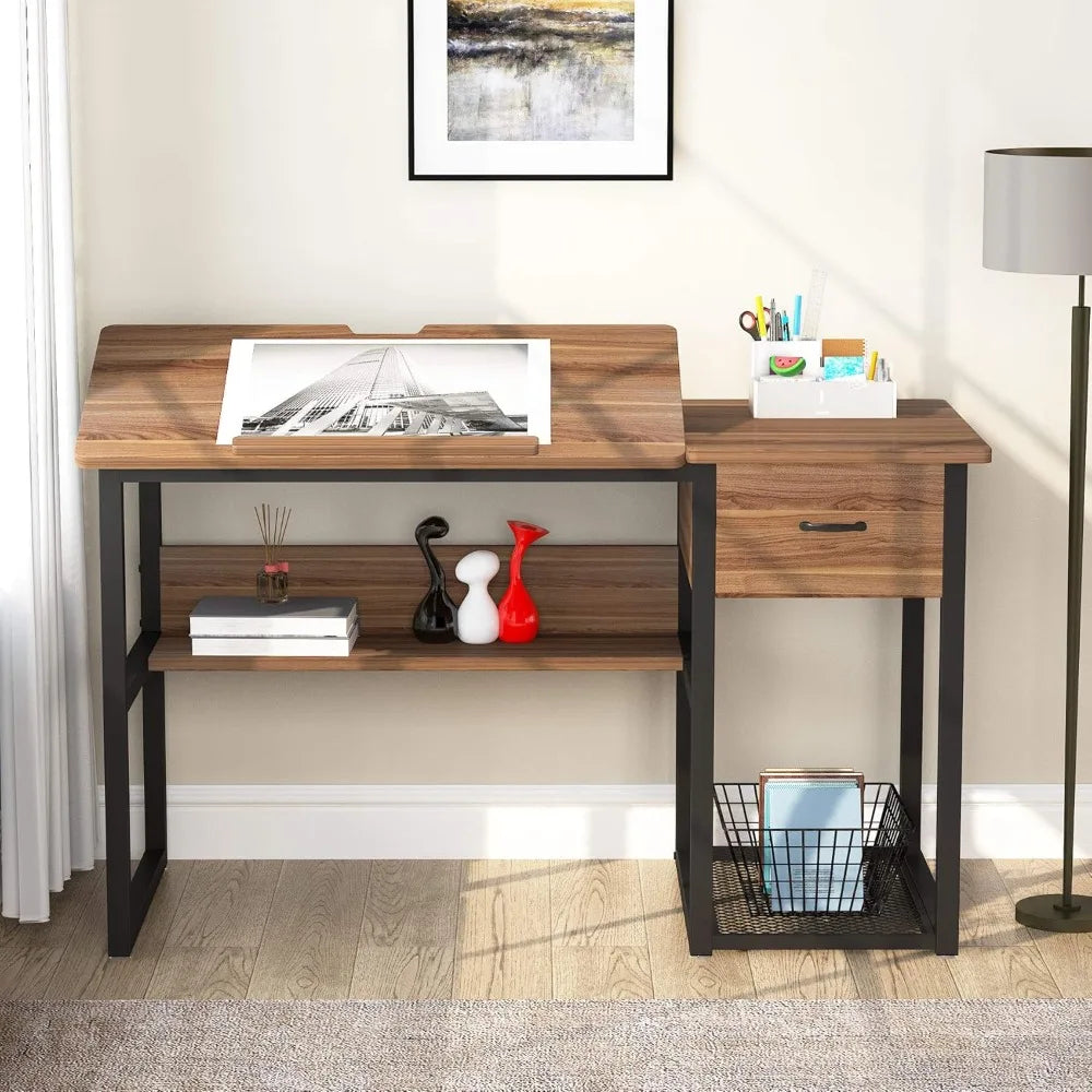 Drafting Table with Storage Drawers, Drawing Computer Desk Artist Craft Table Painting Desk Workstation with Shelves