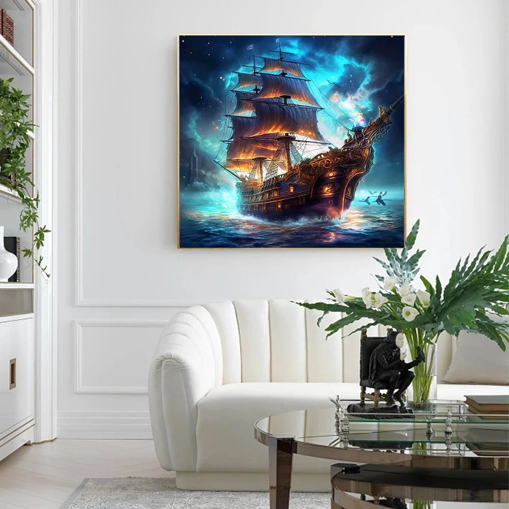 HUACAN 5D DIY Diamond Painting, Ship, Sea Landscape Full Square / Round Drill