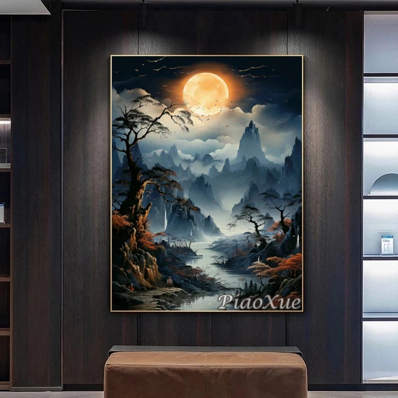 Chinese Style Landscape Picture Diamond Painting New Mountain Waterfall Scenery, Diamond Painting Mosaic DIY Cross Home Decor